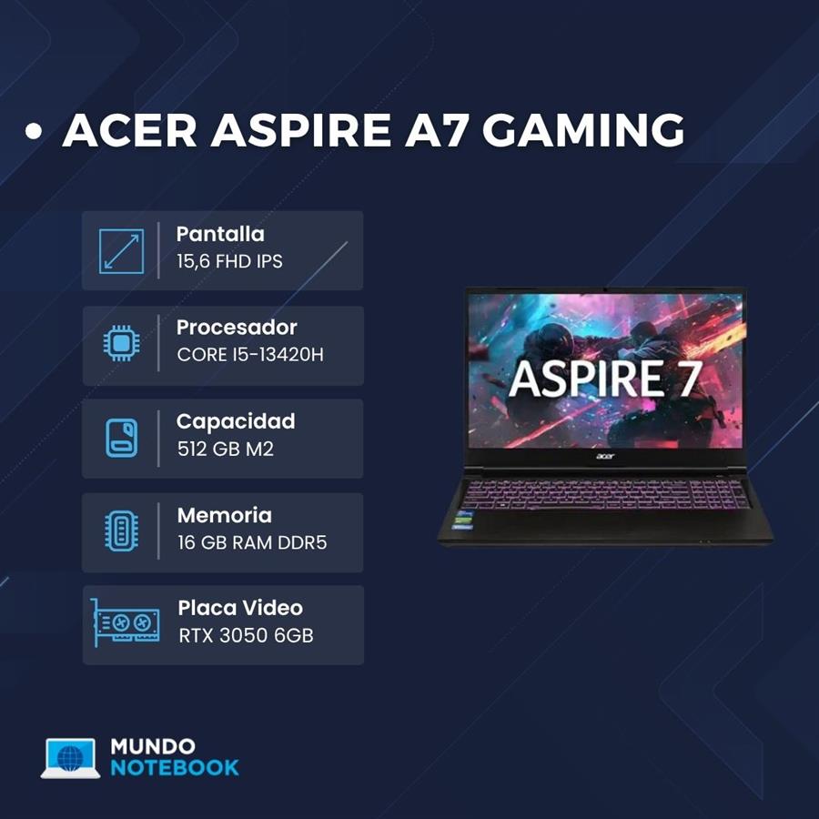 Acer Aspire A7  i5-13420H 16GB RAM 512GB SSD Pantalla 15,6" FHD RTX 3050 6GB