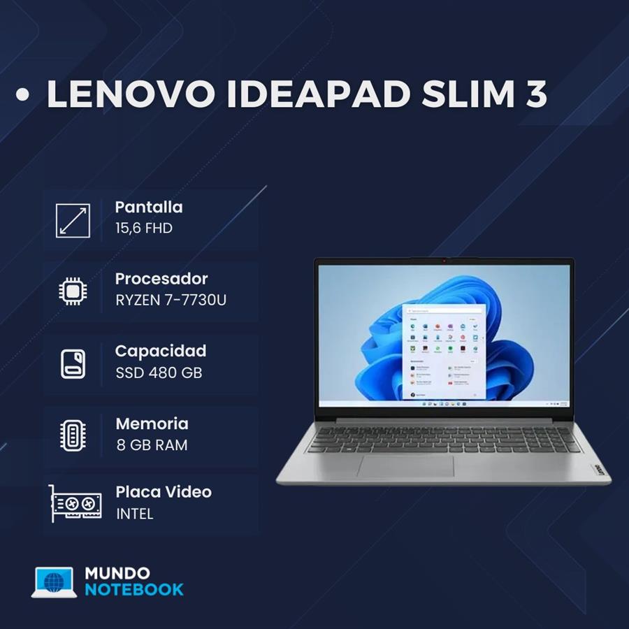 Lenovo IdeaPad Slim 3 Ryzen 7 7730U 8GB RAM 512GB SSD Pantalla 15,6" FHD