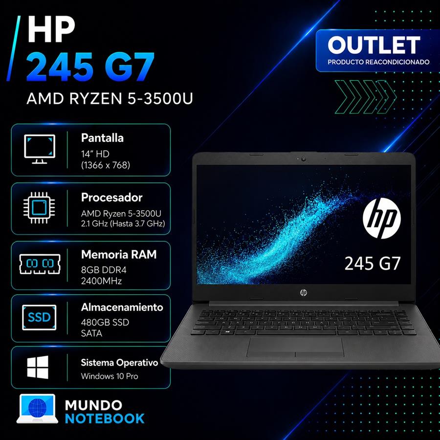 HP 245 G7 Ryzen 5 3500U 8GB RAM 480GB SSD Pantalla 14" HD