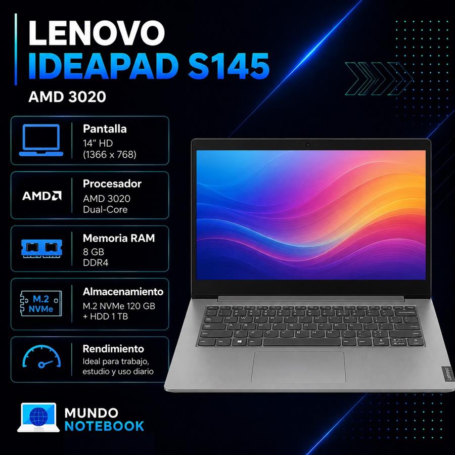 Lenovo IdeaPad S145 AMD 3020e 8GB RAM SSD M.2 120GB + HDD 1TB Pantalla 14" HD