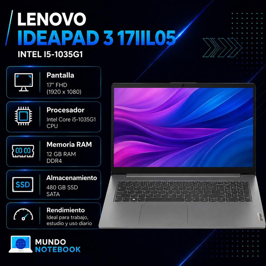 Lenovo IdeaPad 3 17IIL05 Intel Core i5-1035G1 12GB RAM 480GB SSD Pantalla 17,3" FHD