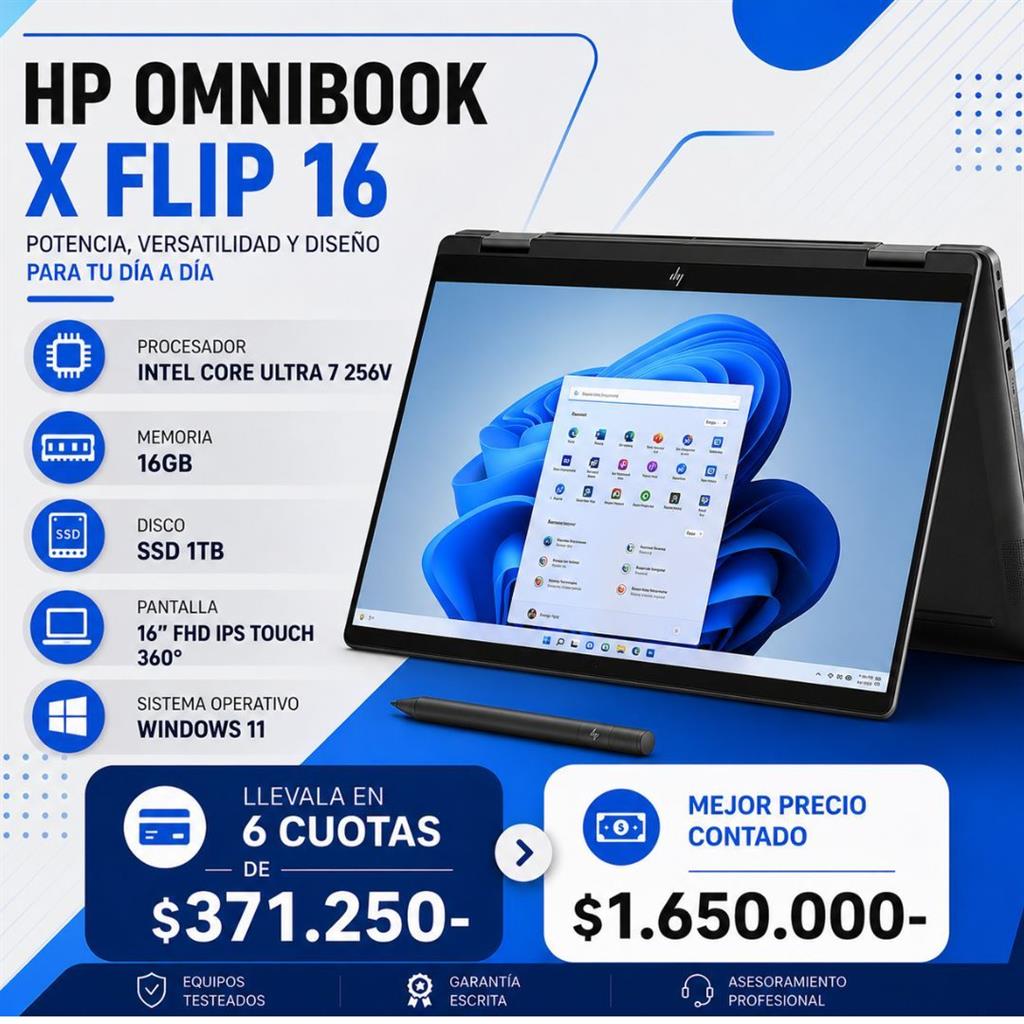 HP OmniBook X Flip 16 Intel Core Ultra 7 256V 16GB RAM 1TB SSD Pantalla 16" FHD IPS Touch 360°