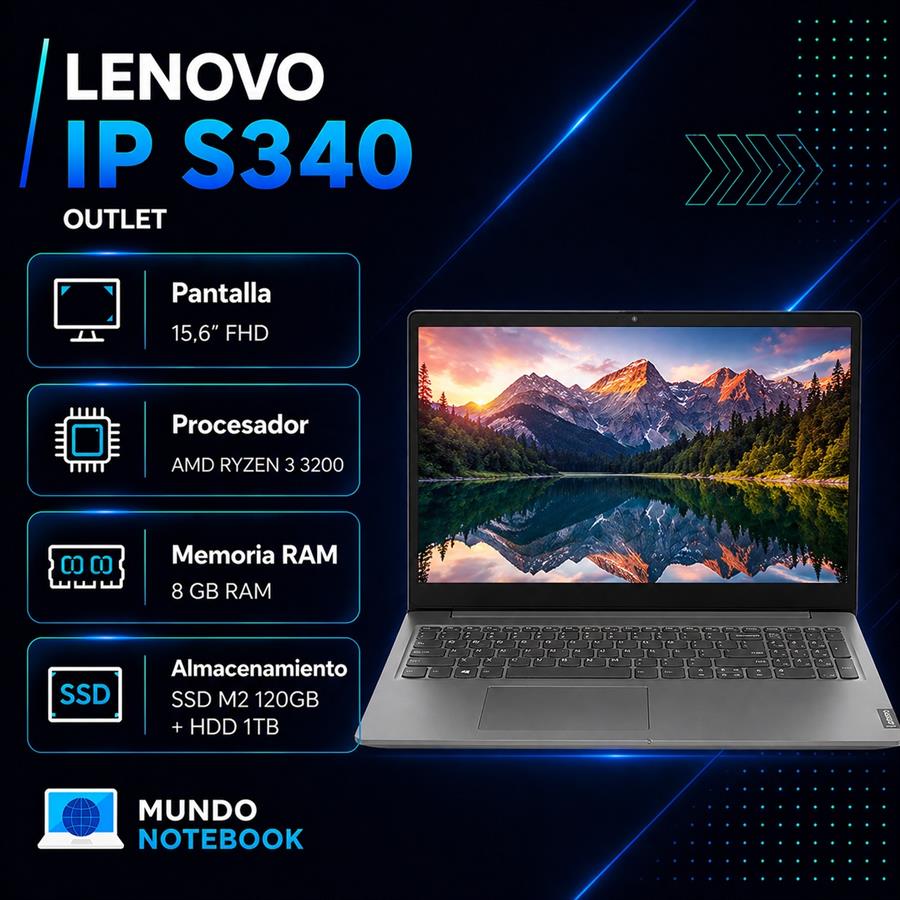 Lenovo IdeaPad S340 Ryzen 3 3200U 8GB RAM SSD M2 120GB + 1TB HDD Pantalla 15,6" HD