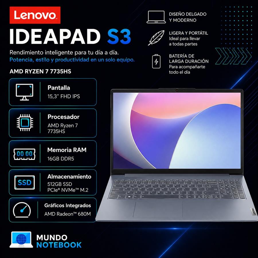 Lenovo IdeaPad S3 Ryzen 7 7735HS 16GB RAM 512GB SSD Pantalla 15,3" FHD IPS