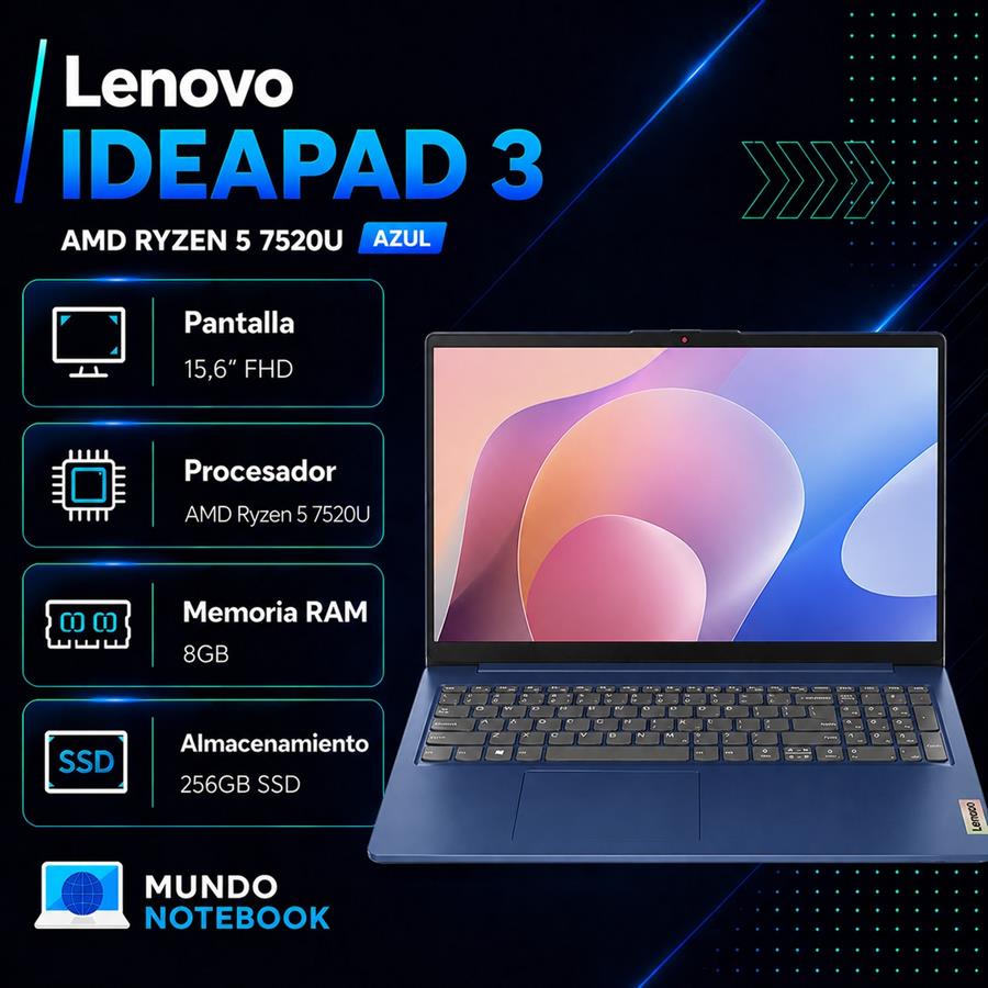 Lenovo IdeaPad Ryzen 5 7520U 8GB RAM 256GB SSD Pantalla 15,6" FHD