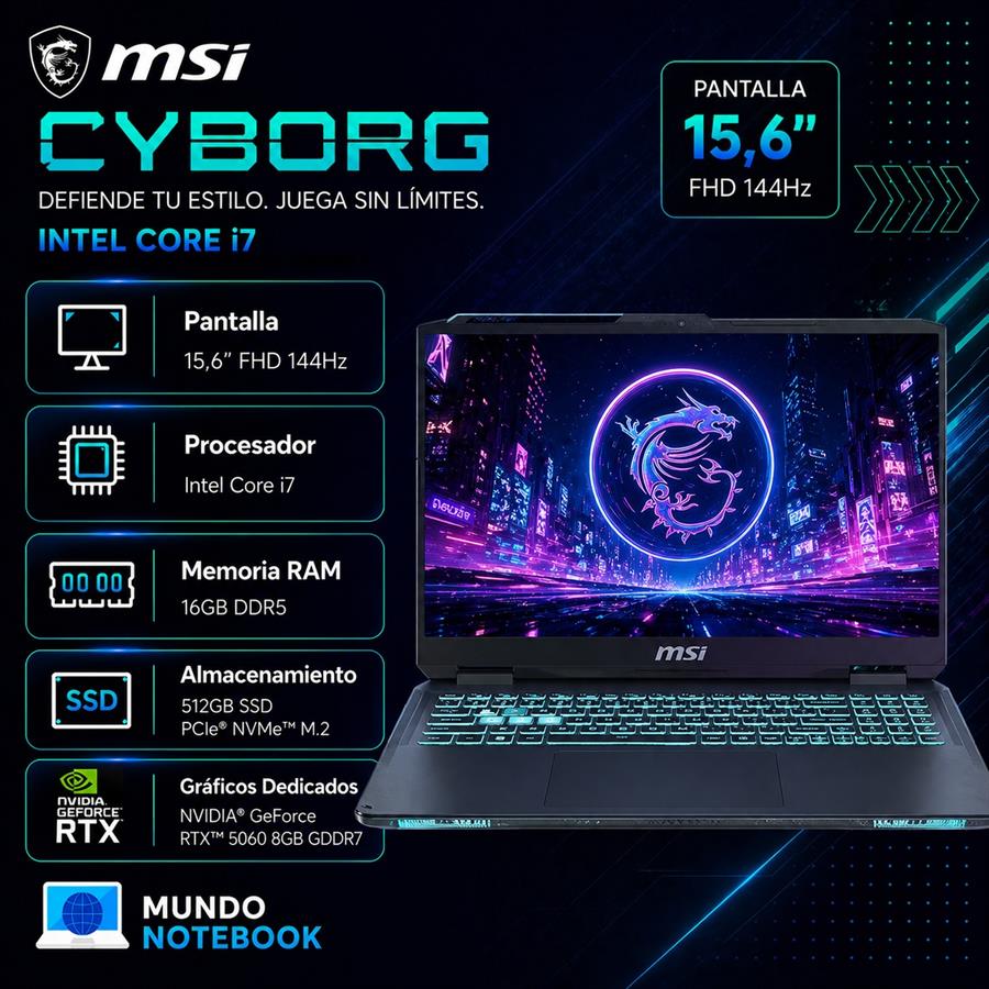 MSI Cyborg i7 16GB RAM 512GB SSD RTX 5060 8GB Pantalla 15,6" FHD 144Hz