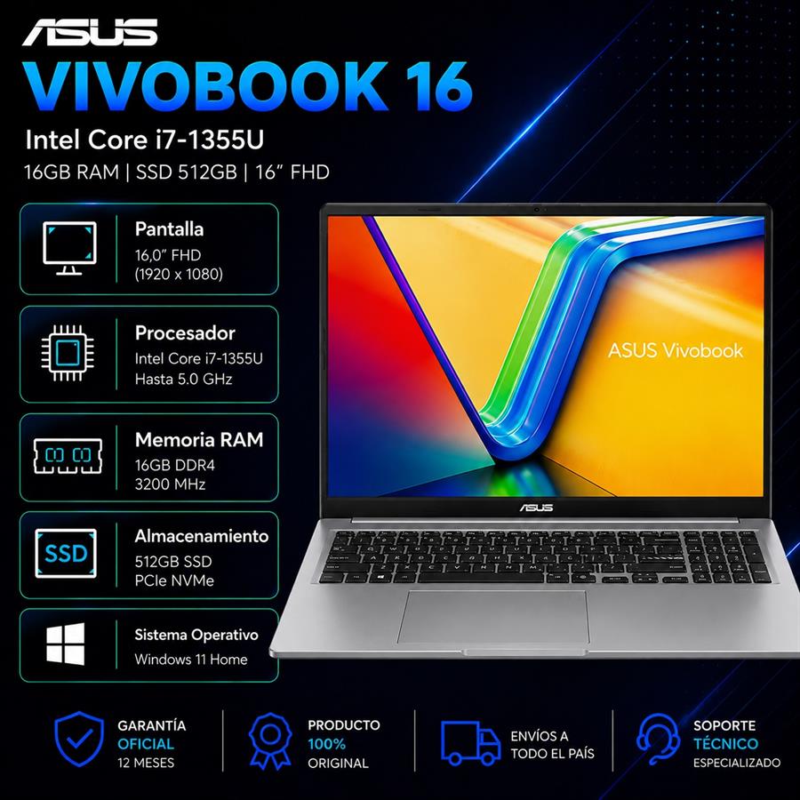 ASUS Vivobook 16 Intel Core i7-1355U 16GB RAM 512GB SSD Pantalla 16" FHD